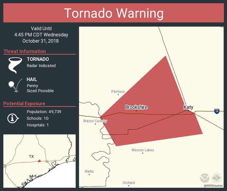 Tornado Warning Map shows cone of travel from Brazos County to Katy
